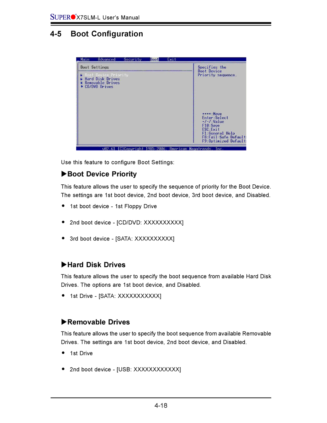 SUPER MICRO Computer x7slm-l user manual Boot Conﬁ guration, ΥBoot Device Priority, ΥHard Disk Drives, ΥRemovable Drives 