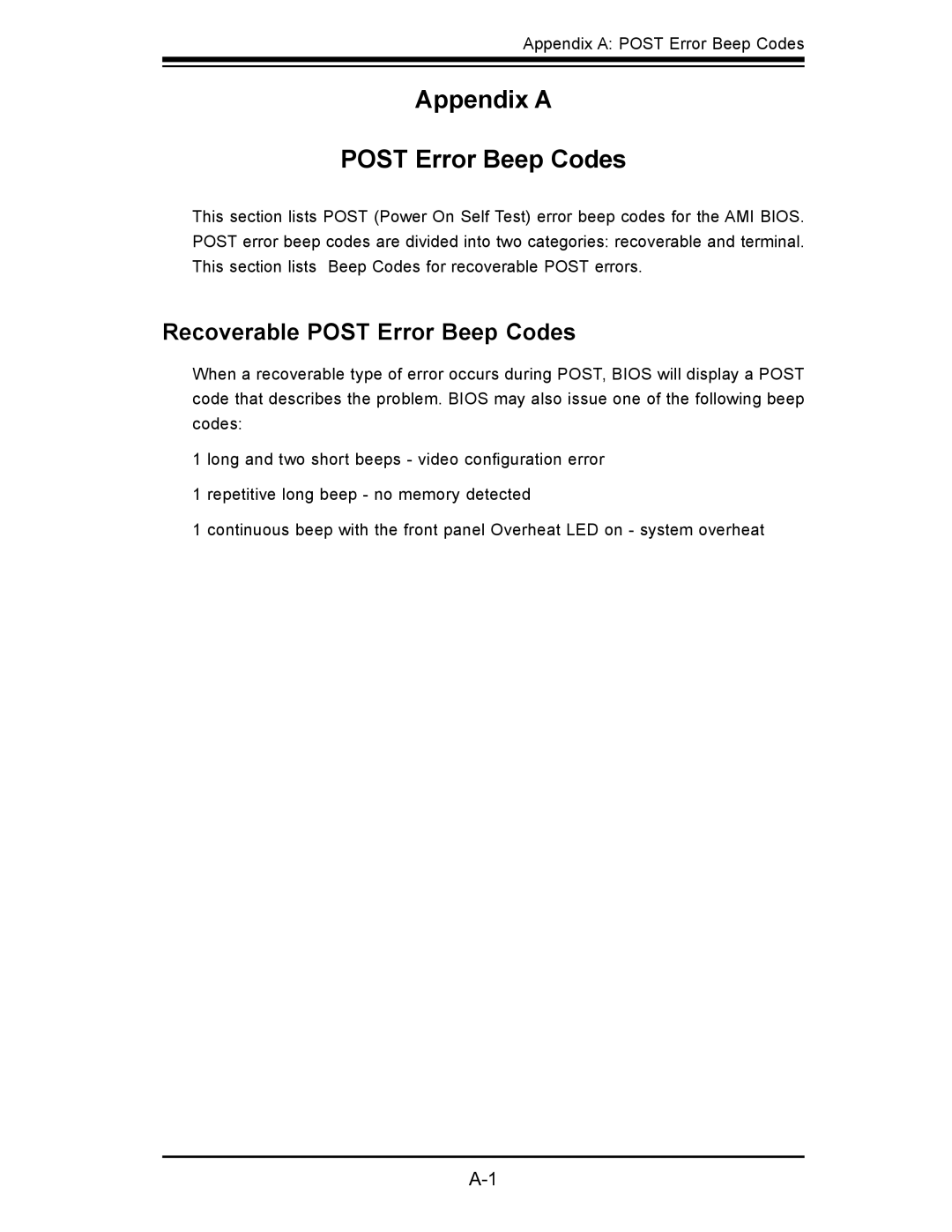 SUPER MICRO Computer x7slm-l user manual Appendix a Post Error Beep Codes, Recoverable Post Error Beep Codes 