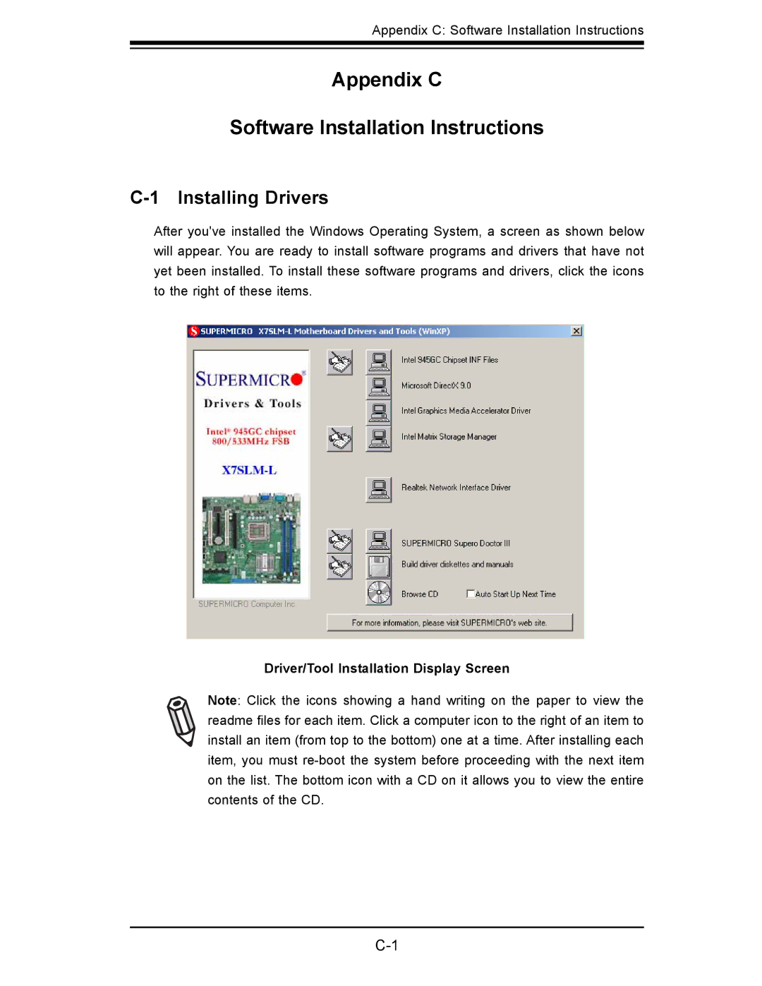 SUPER MICRO Computer x7slm-l user manual Installing Drivers, Driver/Tool Installation Display Screen 