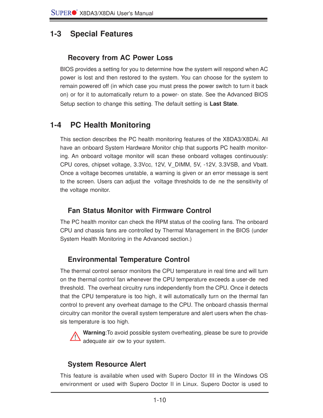 SUPER MICRO Computer X8DA3 user manual Special Features, PC Health Monitoring 