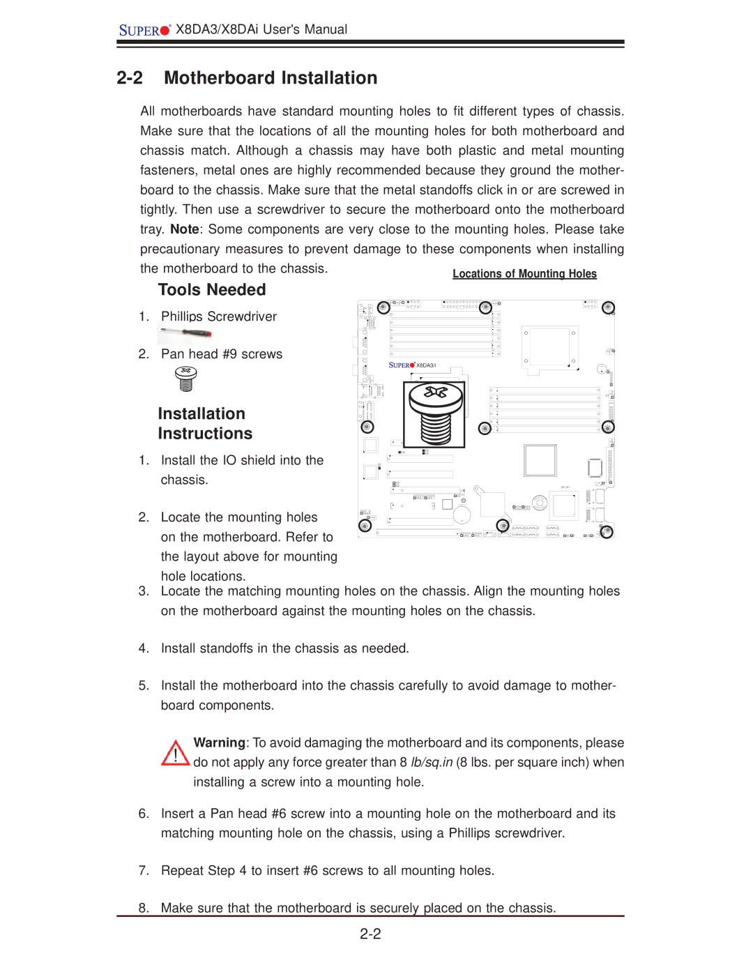 SUPER MICRO Computer X8DA3 user manual Motherboard Installation, Tools Needed, Installation Instructions 