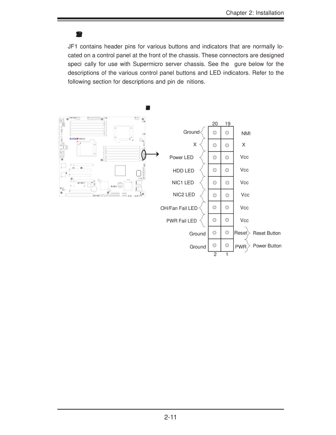 SUPER MICRO Computer X8DA3 user manual Front Control Panel, JF1 Header Pins, Power Button 