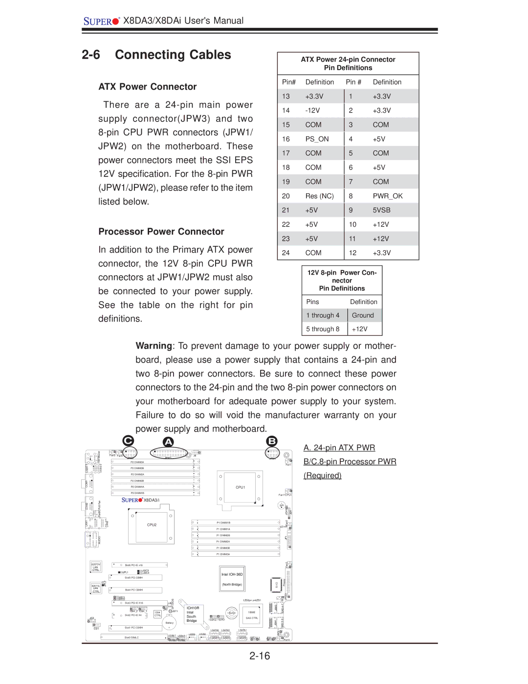 SUPER MICRO Computer X8DA3 user manual Connecting Cables, ATX Power Connector, Processor Power Connector 