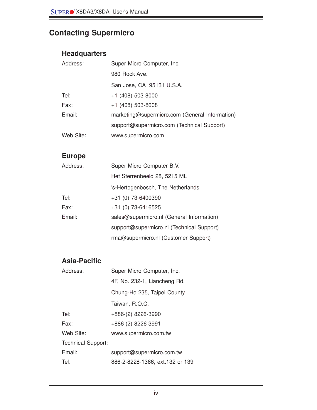 SUPER MICRO Computer X8DA3 user manual Contacting Supermicro, Headquarters, Europe, Asia-Paciﬁc 