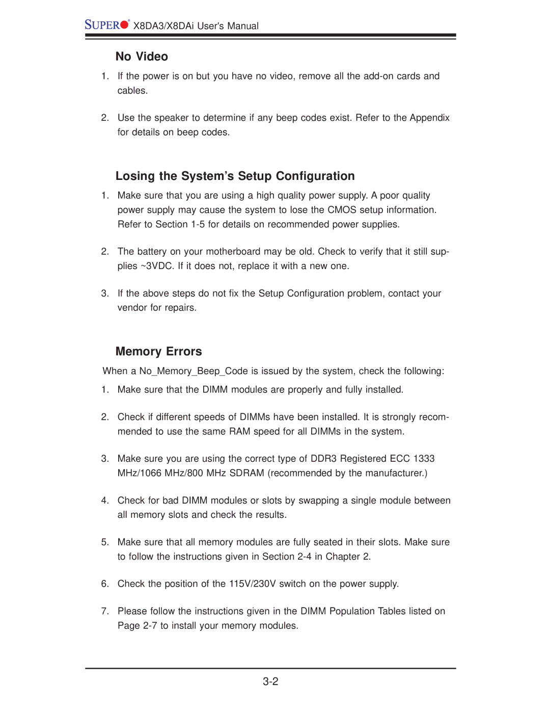 SUPER MICRO Computer X8DA3 user manual No Video, Losing the System’s Setup Conﬁguration, Memory Errors 