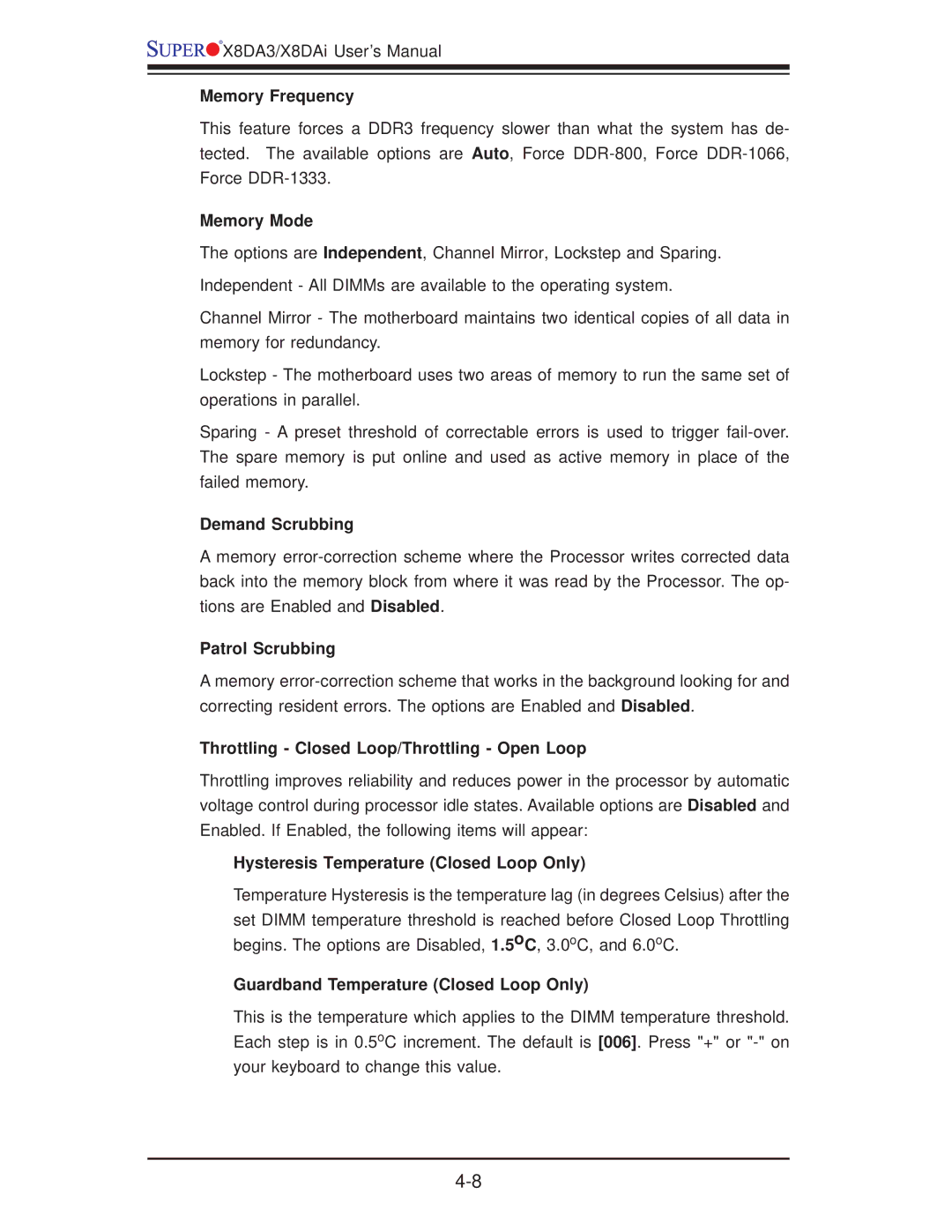 SUPER MICRO Computer X8DA3 user manual Memory Frequency, Memory Mode, Demand Scrubbing, Patrol Scrubbing 