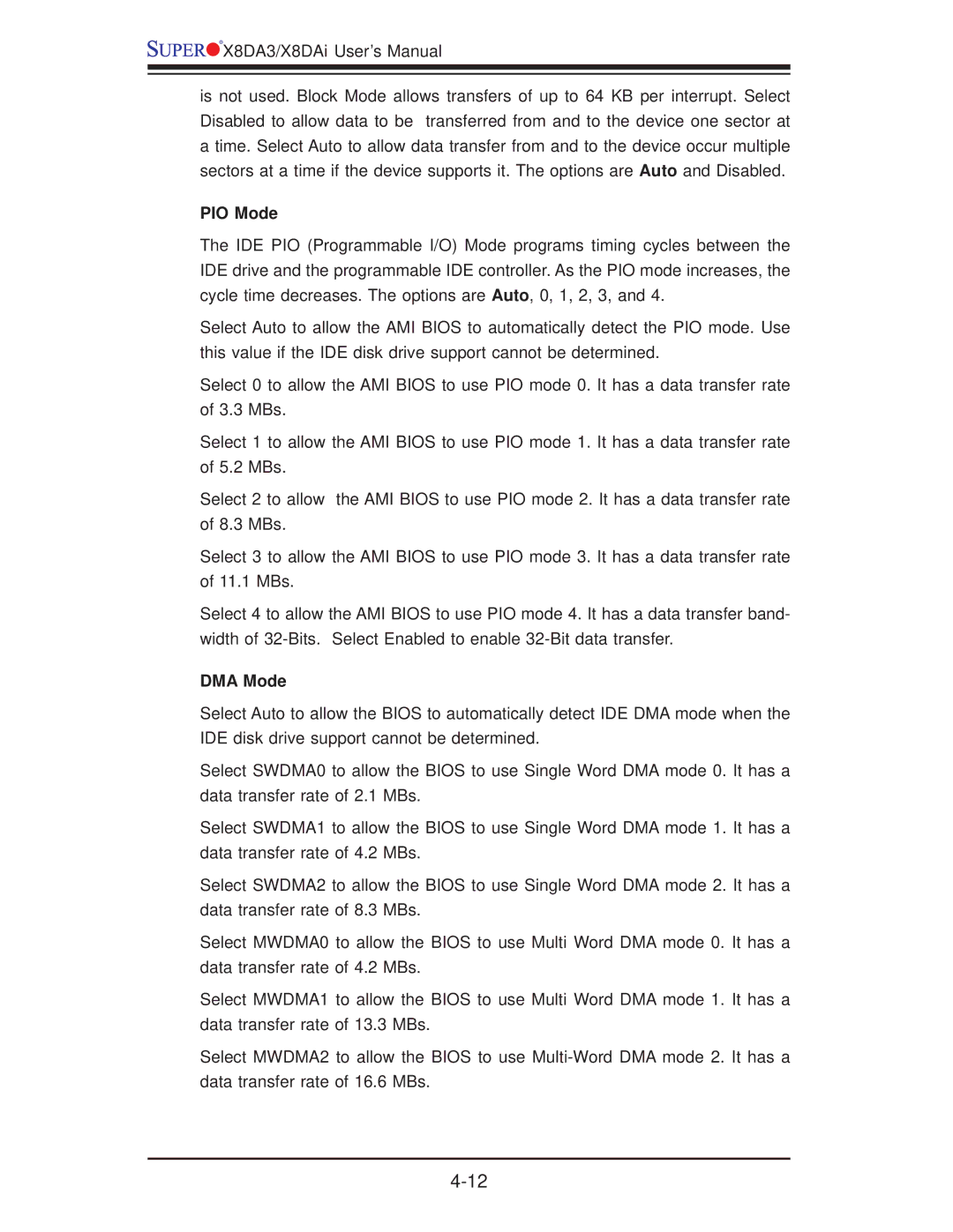 SUPER MICRO Computer X8DA3 user manual PIO Mode, DMA Mode 