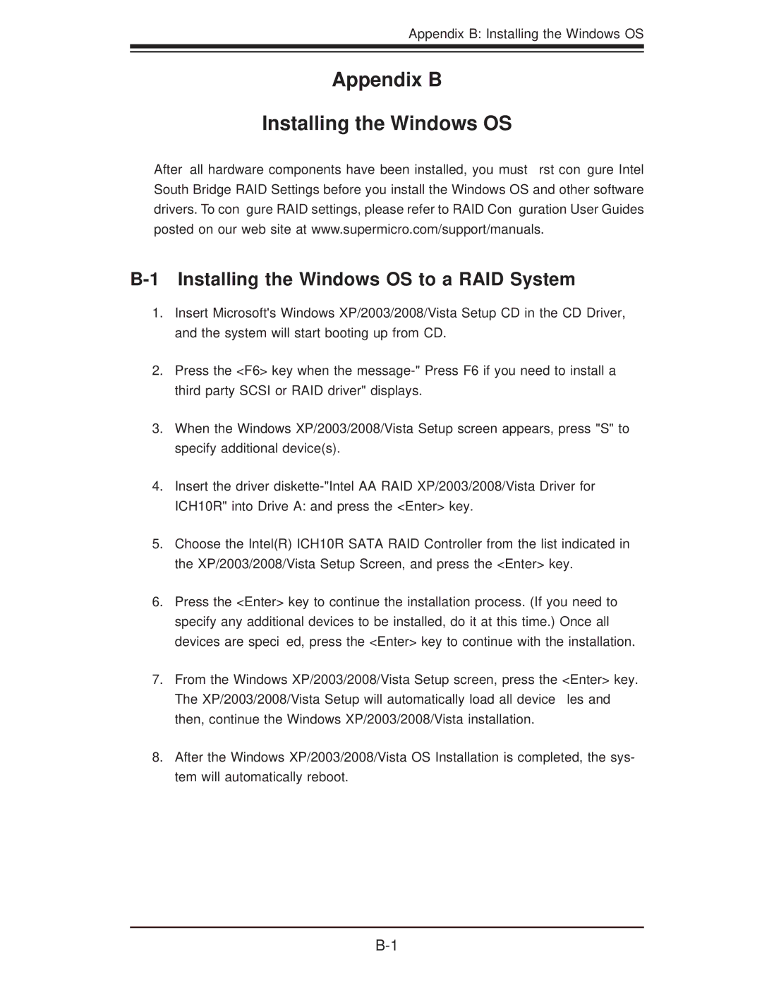 SUPER MICRO Computer X8DA3 user manual Installing the Windows OS to a RAID System, Appendix B Installing the Windows OS 