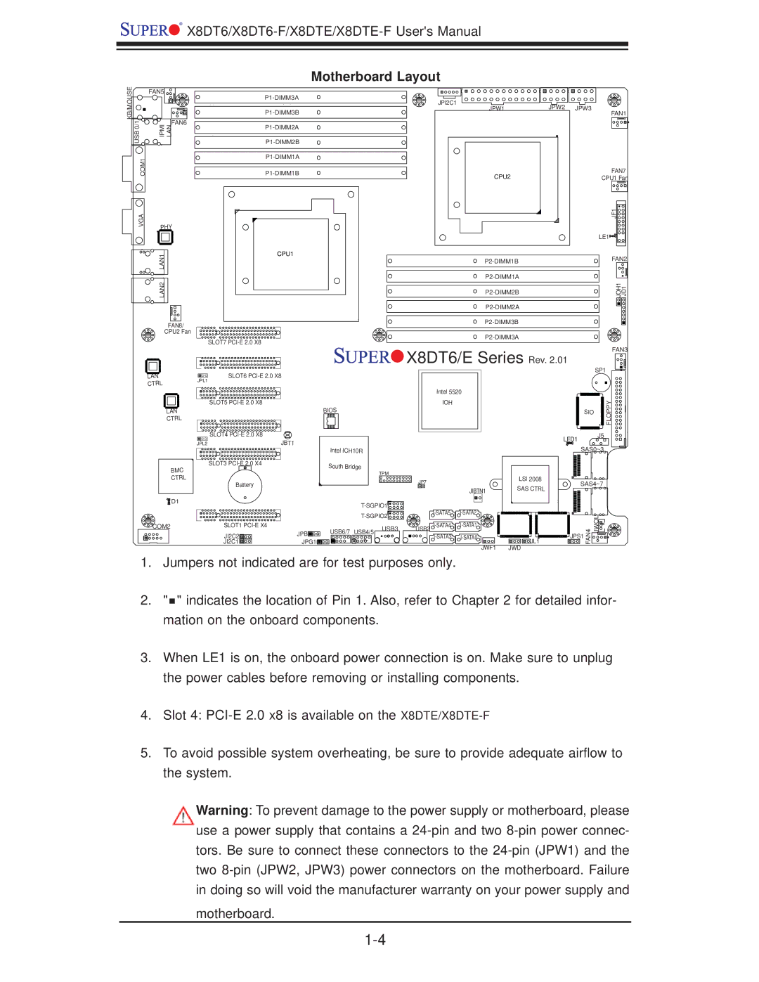 SUPER MICRO Computer X8DTE-F, X8DT6-F user manual Motherboard Layout, Jumpers not indicated are for test purposes only 