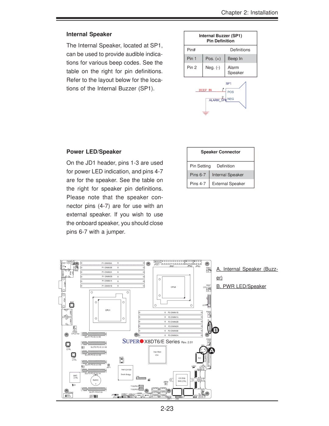 SUPER MICRO Computer X8DTE-F Internal Speaker, Power LED/Speaker, Internal Buzzer SP1 Pin Deﬁnition, Speaker Connector 