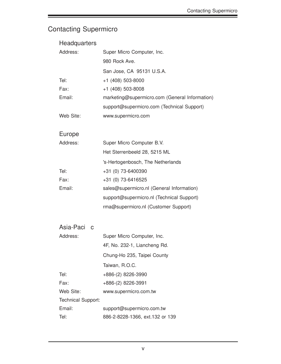 SUPER MICRO Computer X8DTE-F, X8DT6-F user manual Contacting Supermicro, Headquarters, Europe, Asia-Paciﬁc 