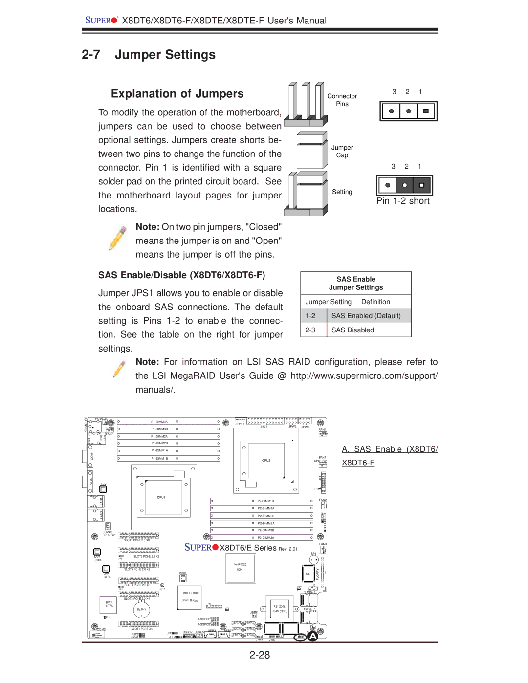 SUPER MICRO Computer X8DT6-F, X8DTE Jumper Settings, Explanation of Jumpers, To modify the operation of the motherboard 