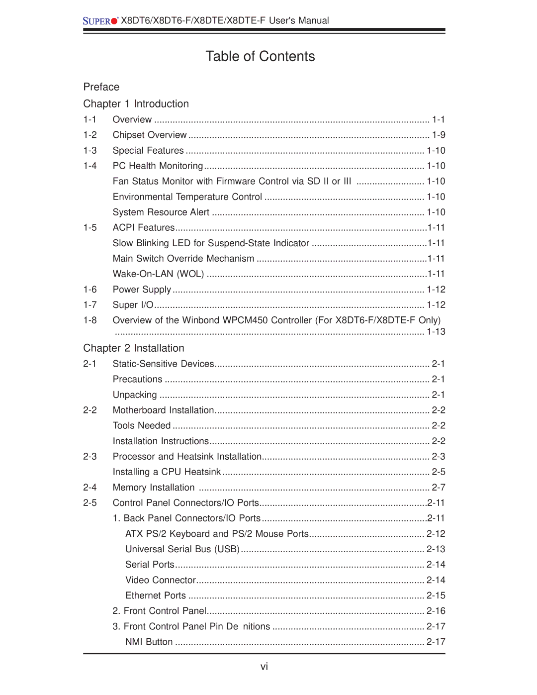 SUPER MICRO Computer X8DT6-F, X8DTE-F user manual Table of Contents 