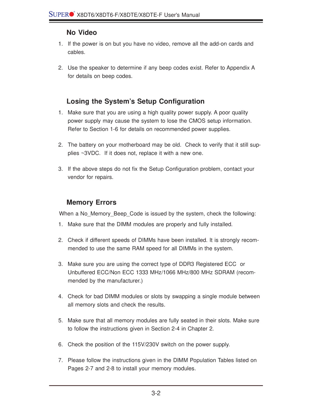 SUPER MICRO Computer X8DTE-F, X8DT6-F user manual No Video, Losing the System’s Setup Conﬁguration, Memory Errors 