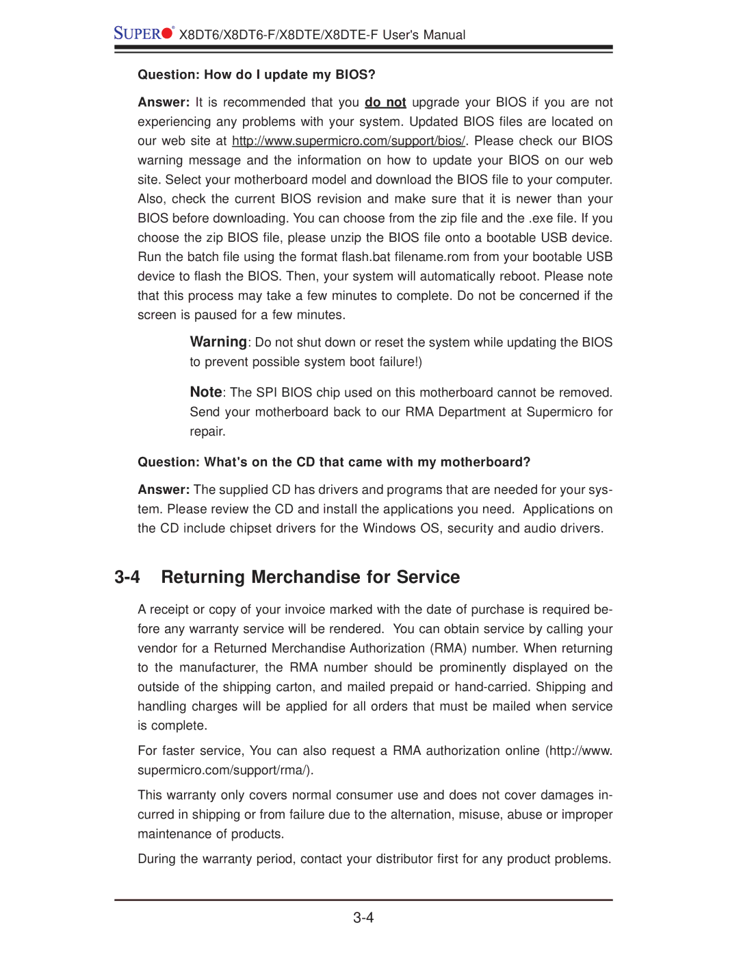 SUPER MICRO Computer X8DT6-F, X8DTE-F user manual Returning Merchandise for Service 