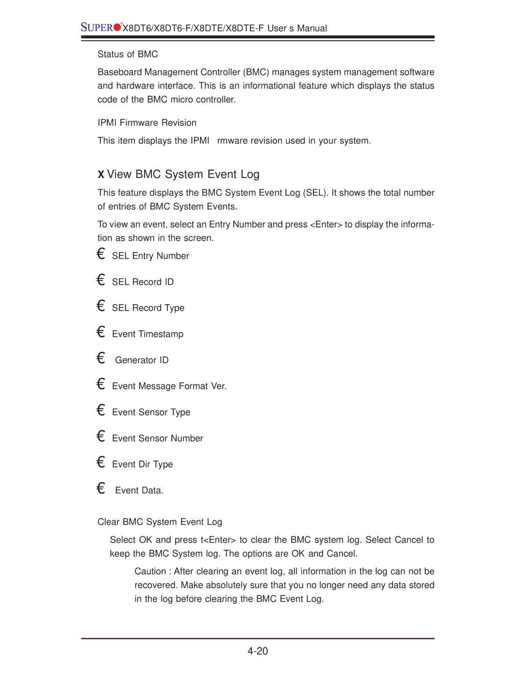 SUPER MICRO Computer X8DT6-F View BMC System Event Log, Status of BMC, Ipmi Firmware Revision, Clear BMC System Event Log 