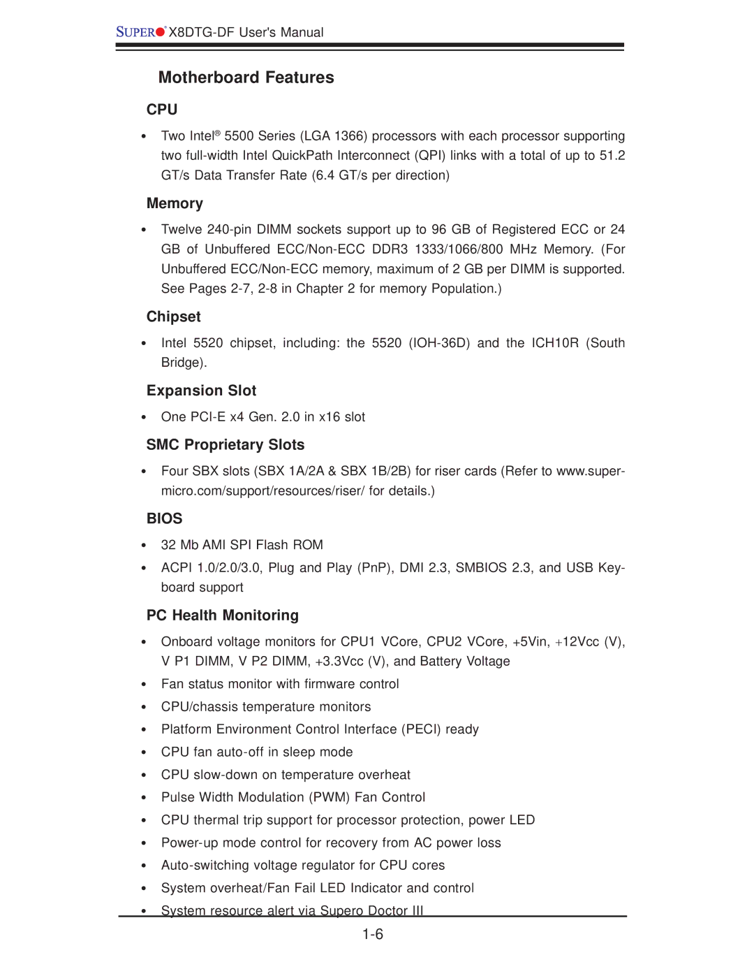 SUPER MICRO Computer X8DTG-DF user manual Motherboard Features, Cpu 