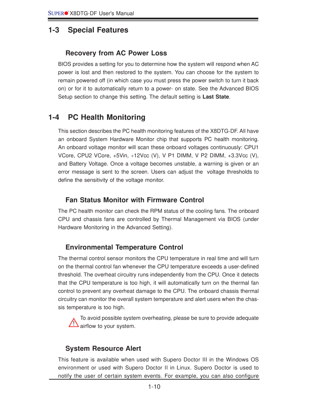 SUPER MICRO Computer X8DTG-DF user manual Special Features, PC Health Monitoring 