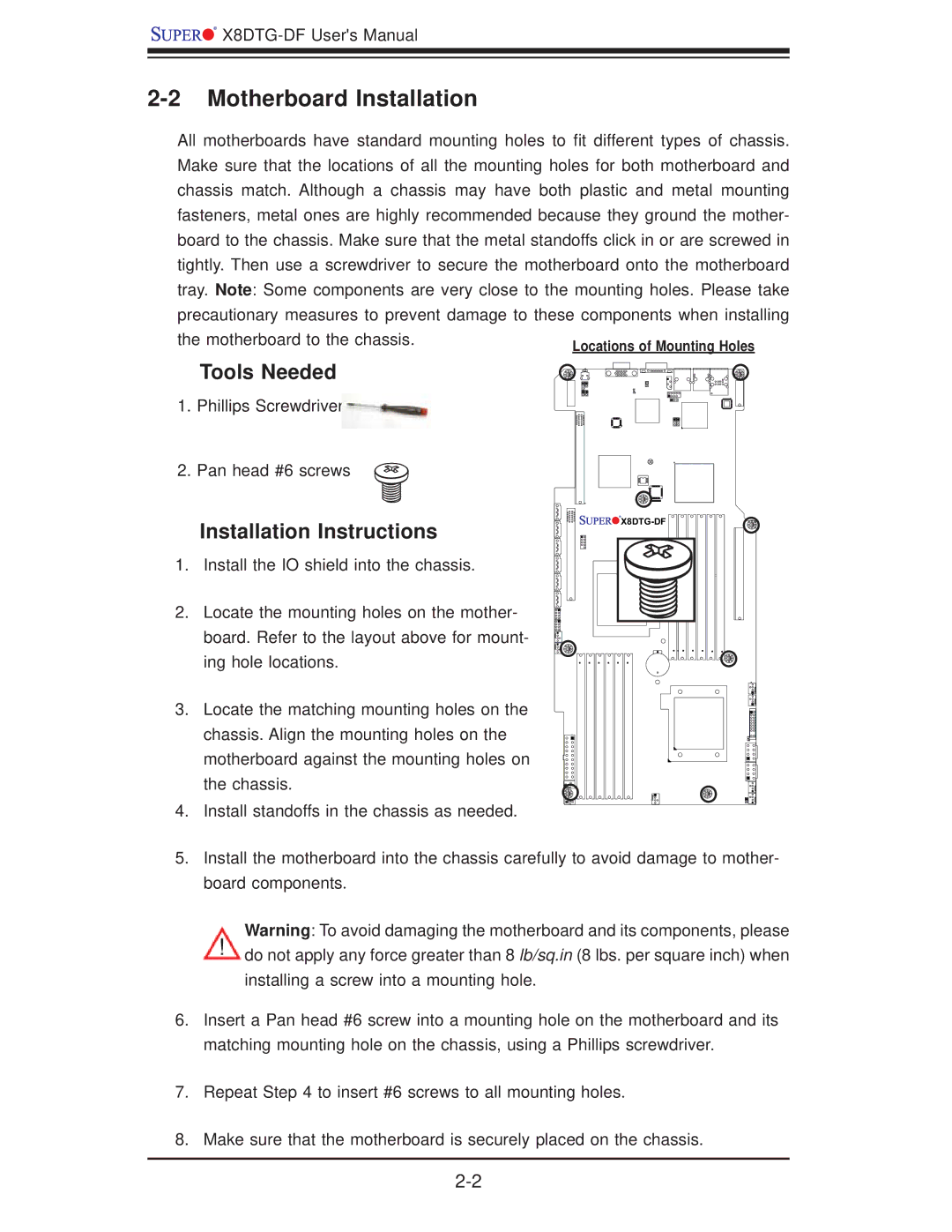 SUPER MICRO Computer X8DTG-DF user manual Motherboard Installation, Tools Needed, Installation Instructions 