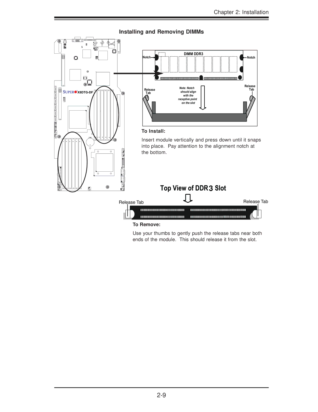 SUPER MICRO Computer X8DTG-DF user manual Installing and Removing DIMMs, To Install 