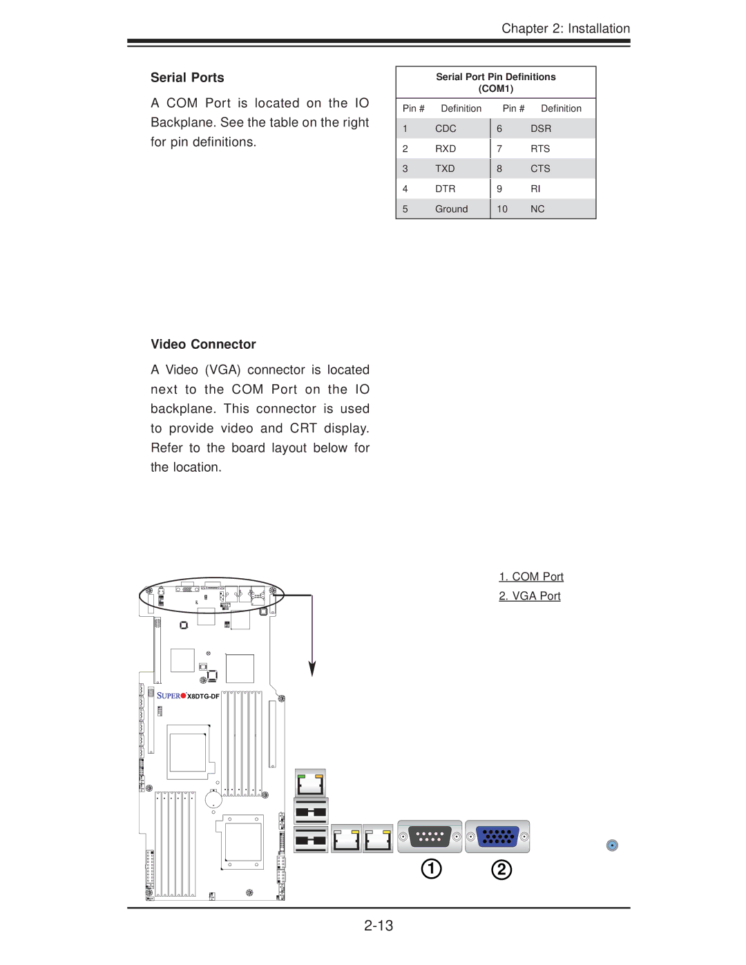 SUPER MICRO Computer X8DTG-DF user manual Serial Ports, Video Connector, COM Port VGA Port, Serial Port Pin Deﬁnitions COM1 