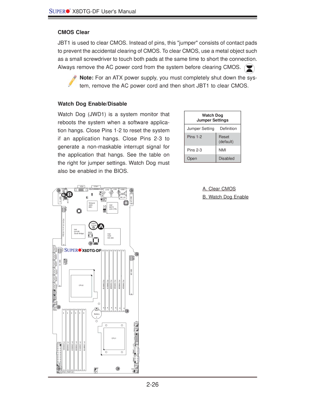 SUPER MICRO Computer X8DTG-DF Cmos Clear, Watch Dog Enable/Disable, Clear Cmos Watch Dog Enable, Watch Dog Jumper Settings 