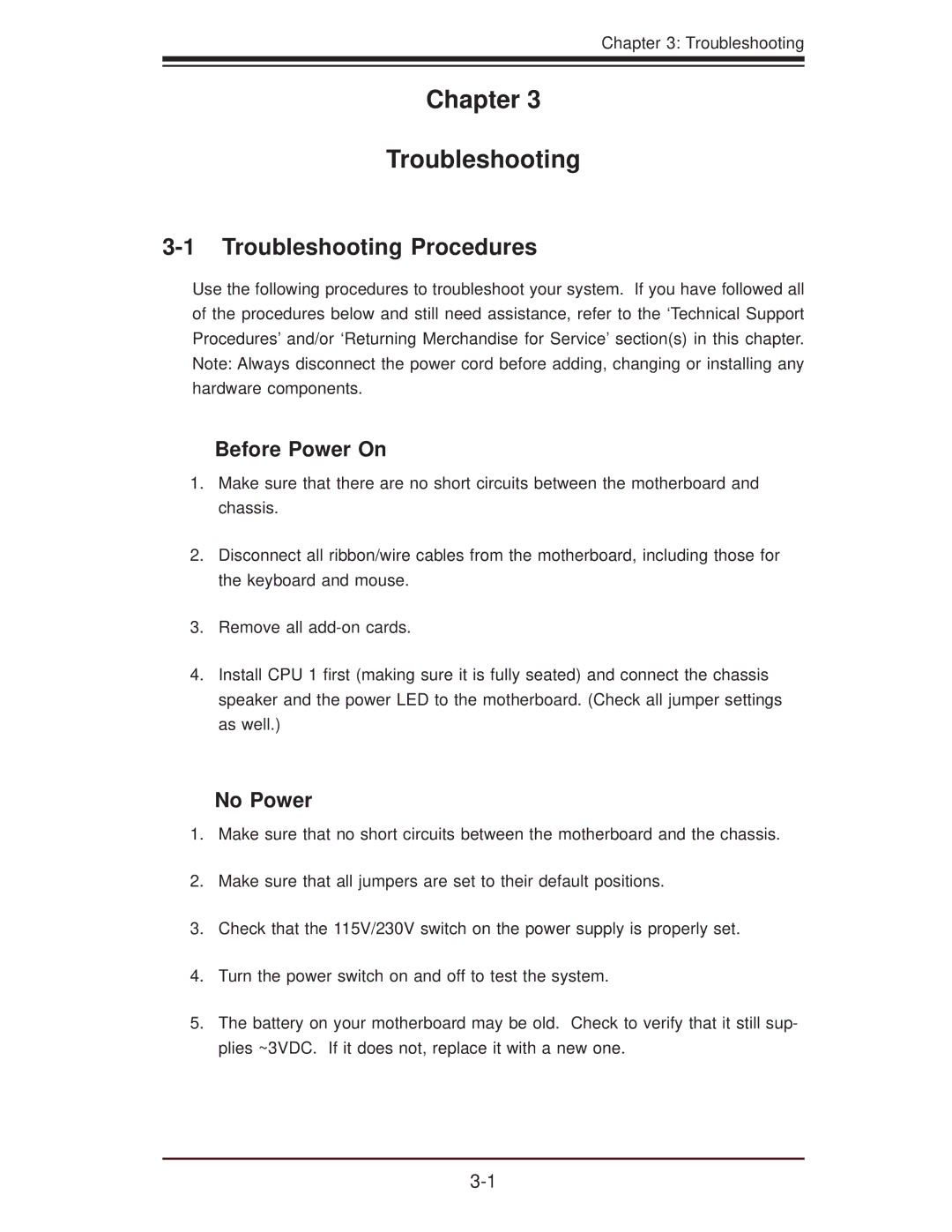 SUPER MICRO Computer X8DTG-DF user manual Troubleshooting Procedures, Before Power On, No Power 