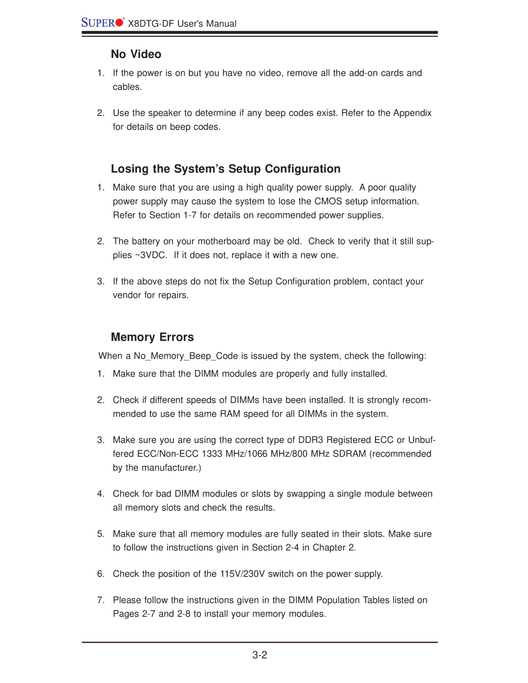 SUPER MICRO Computer X8DTG-DF user manual No Video, Losing the System’s Setup Conﬁguration, Memory Errors 