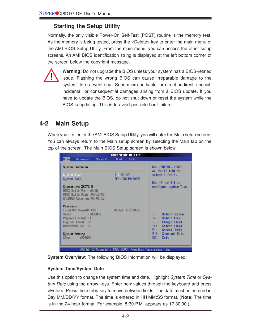 SUPER MICRO Computer X8DTG-DF user manual Main Setup, Starting the Setup Utility, System Time/System Date 