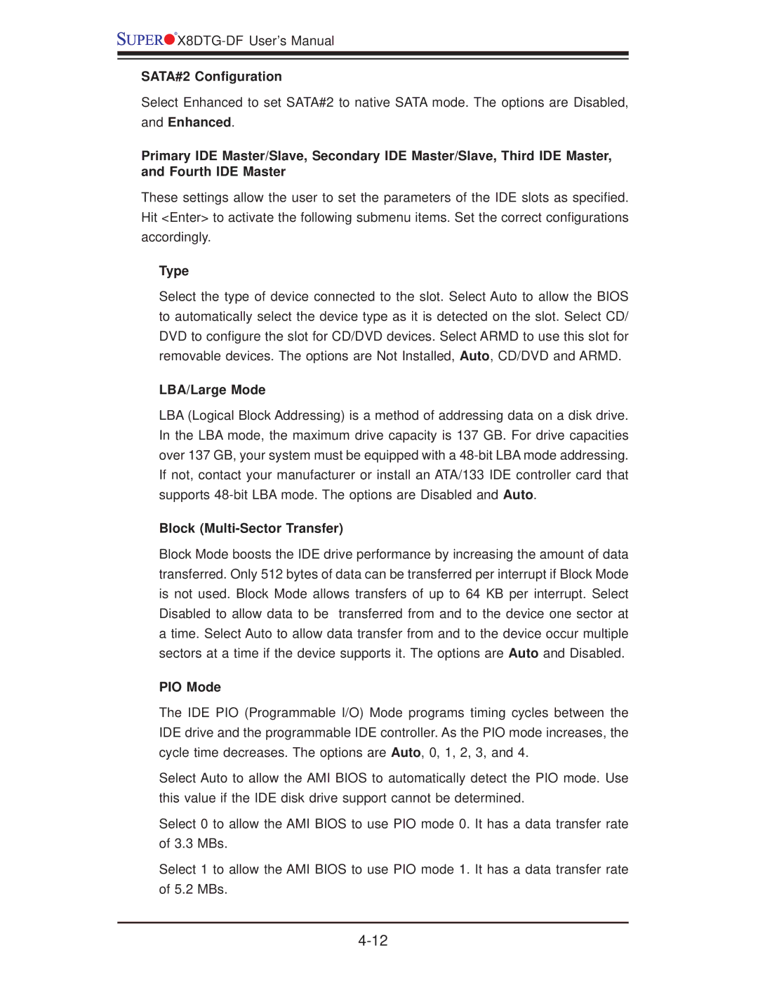 SUPER MICRO Computer X8DTG-DF user manual SATA#2 Conﬁguration, Type, LBA/Large Mode, Block Multi-Sector Transfer, PIO Mode 