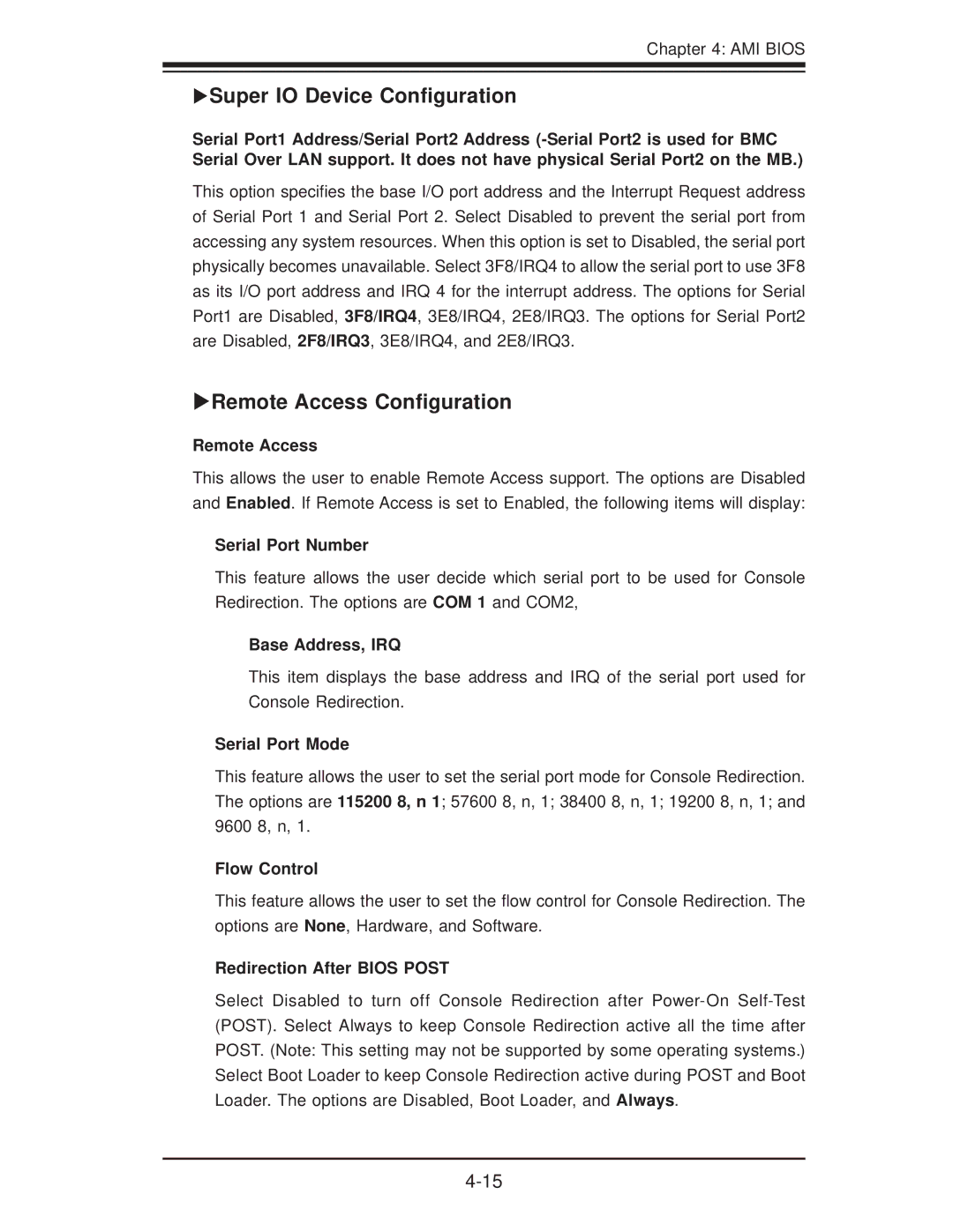 SUPER MICRO Computer X8DTG-DF user manual Super IO Device Conﬁguration, Remote Access Conﬁguration 