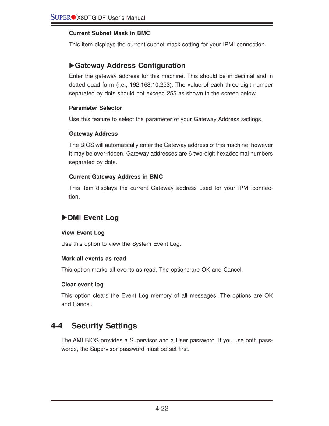 SUPER MICRO Computer X8DTG-DF user manual Security Settings, Gateway Address Conﬁguration, DMI Event Log 