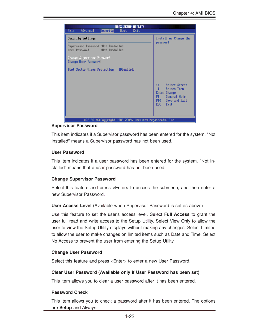 SUPER MICRO Computer X8DTG-DF user manual Change Supervisor Password, Change User Password, Password Check 