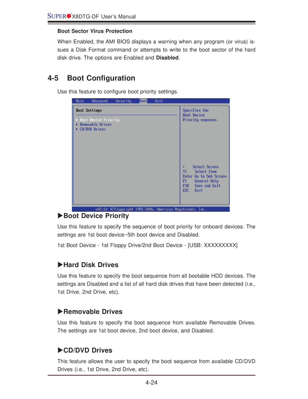 SUPER MICRO Computer X8DTG-DF user manual Boot Conﬁguration, Boot Device Priority, Hard Disk Drives, Removable Drives 