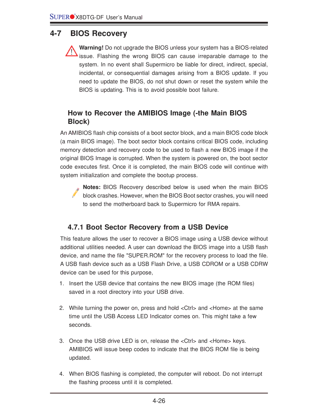 SUPER MICRO Computer X8DTG-DF user manual Bios Recovery, How to Recover the Amibios Image -the Main Bios Block 