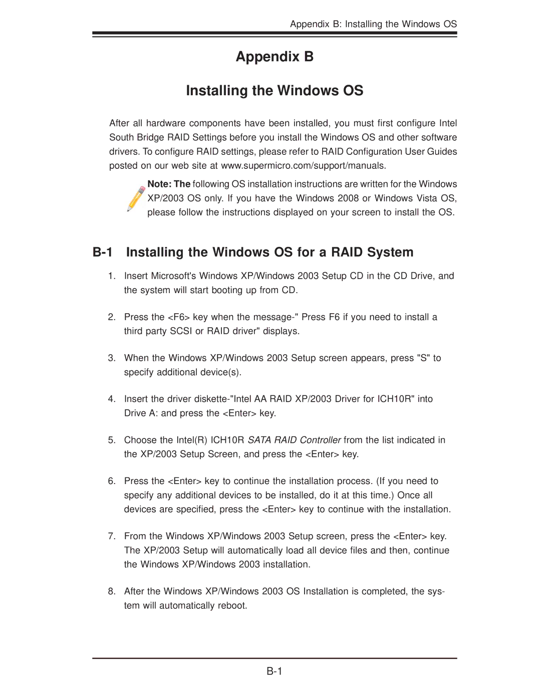 SUPER MICRO Computer X8DTG-DF user manual Appendix B Installing the Windows OS, Installing the Windows OS for a RAID System 