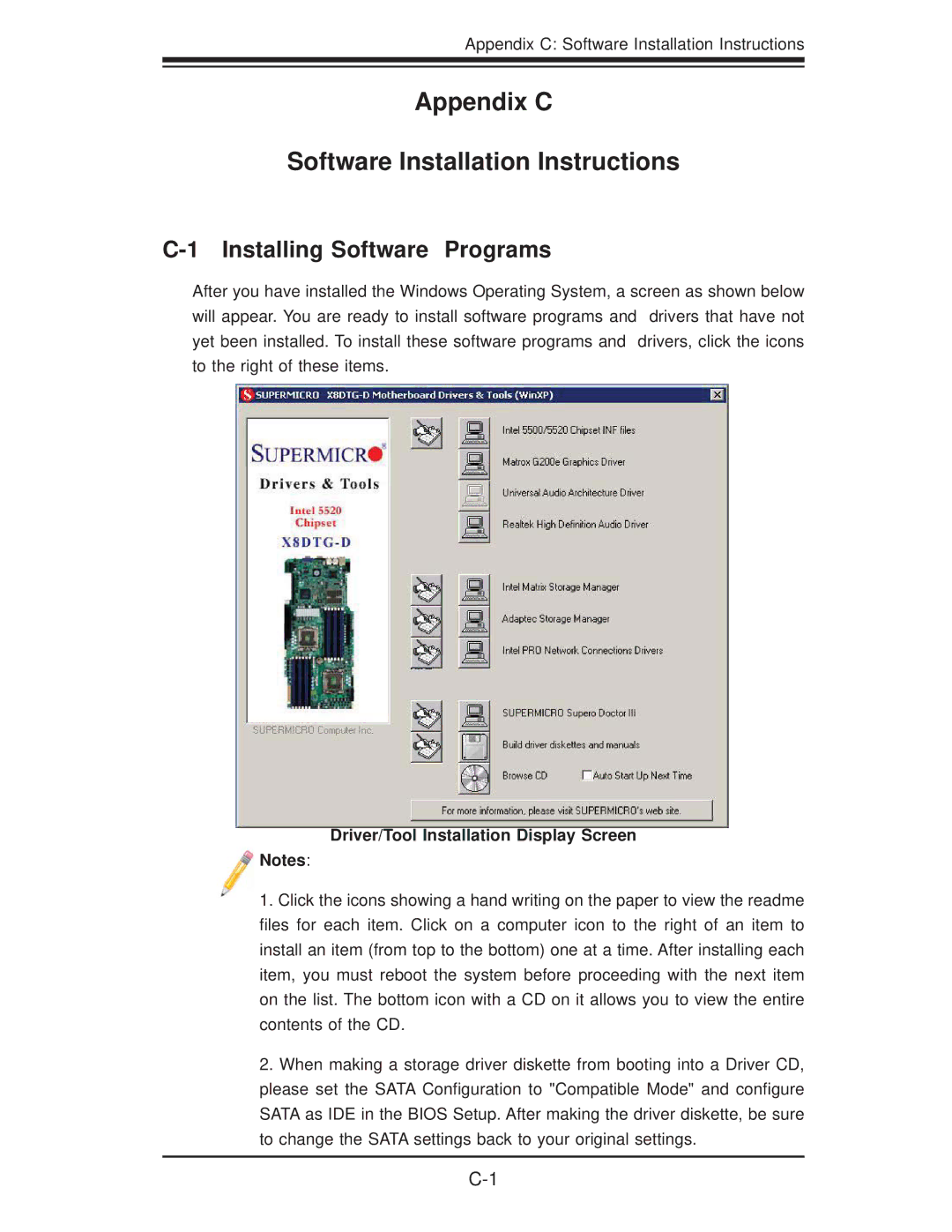 SUPER MICRO Computer X8DTG-DF user manual Installing Software Programs, Driver/Tool Installation Display Screen 