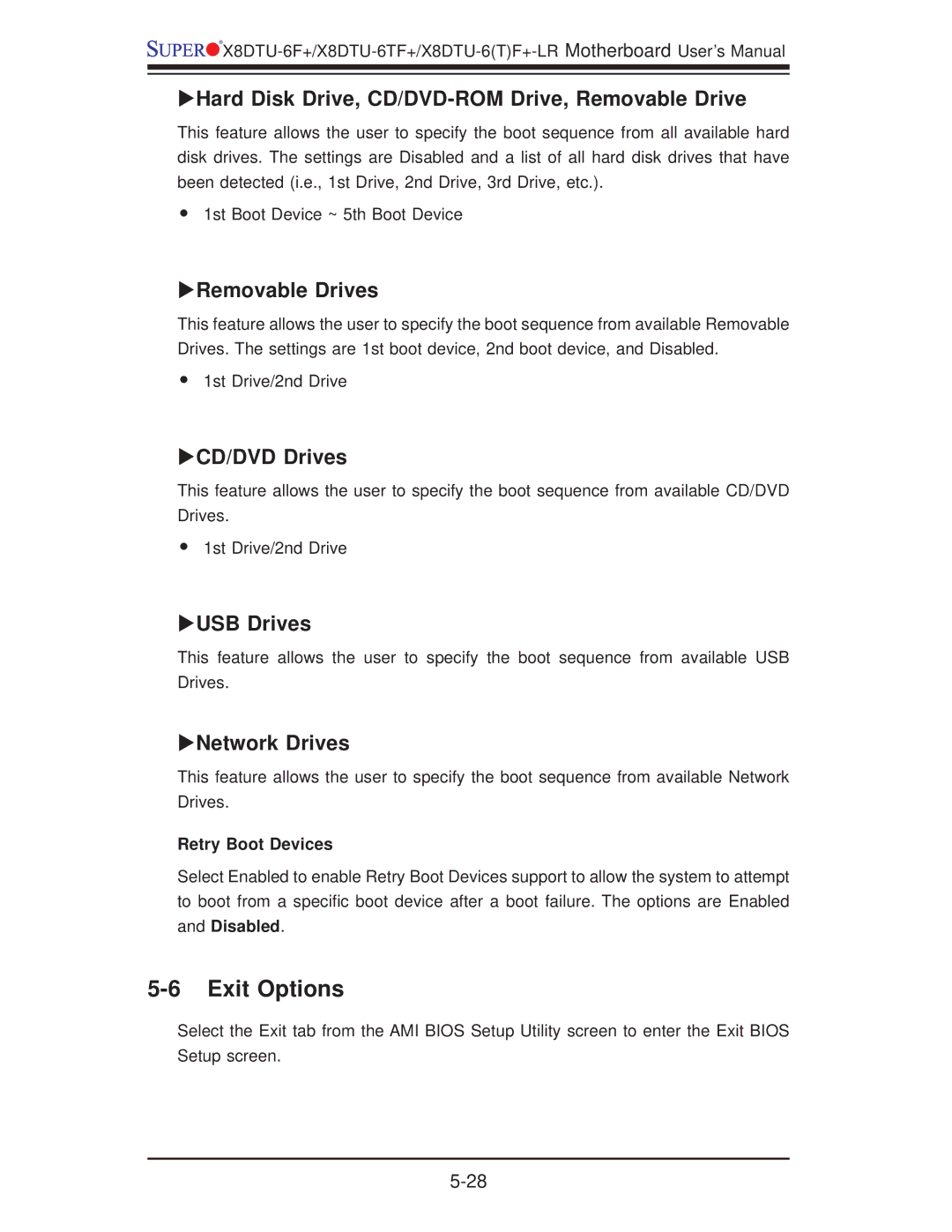 SUPER MICRO Computer X8DTU-6F+-LR, X8DTU-6TF+-LR manual Exit Options 