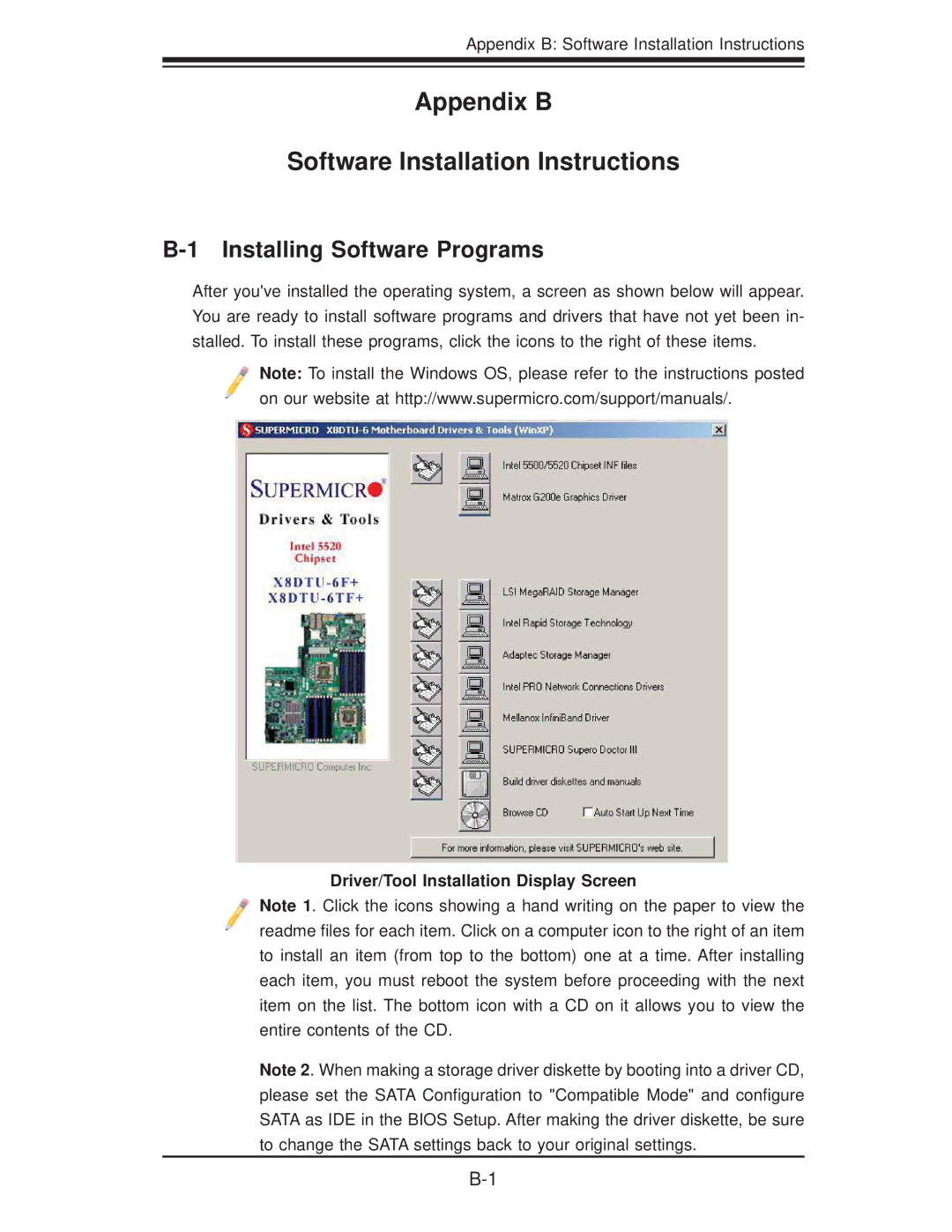 SUPER MICRO Computer X8DTU-6TF+-LR, X8DTU-6F+ manual Installing Software Programs, Driver/Tool Installation Display Screen 