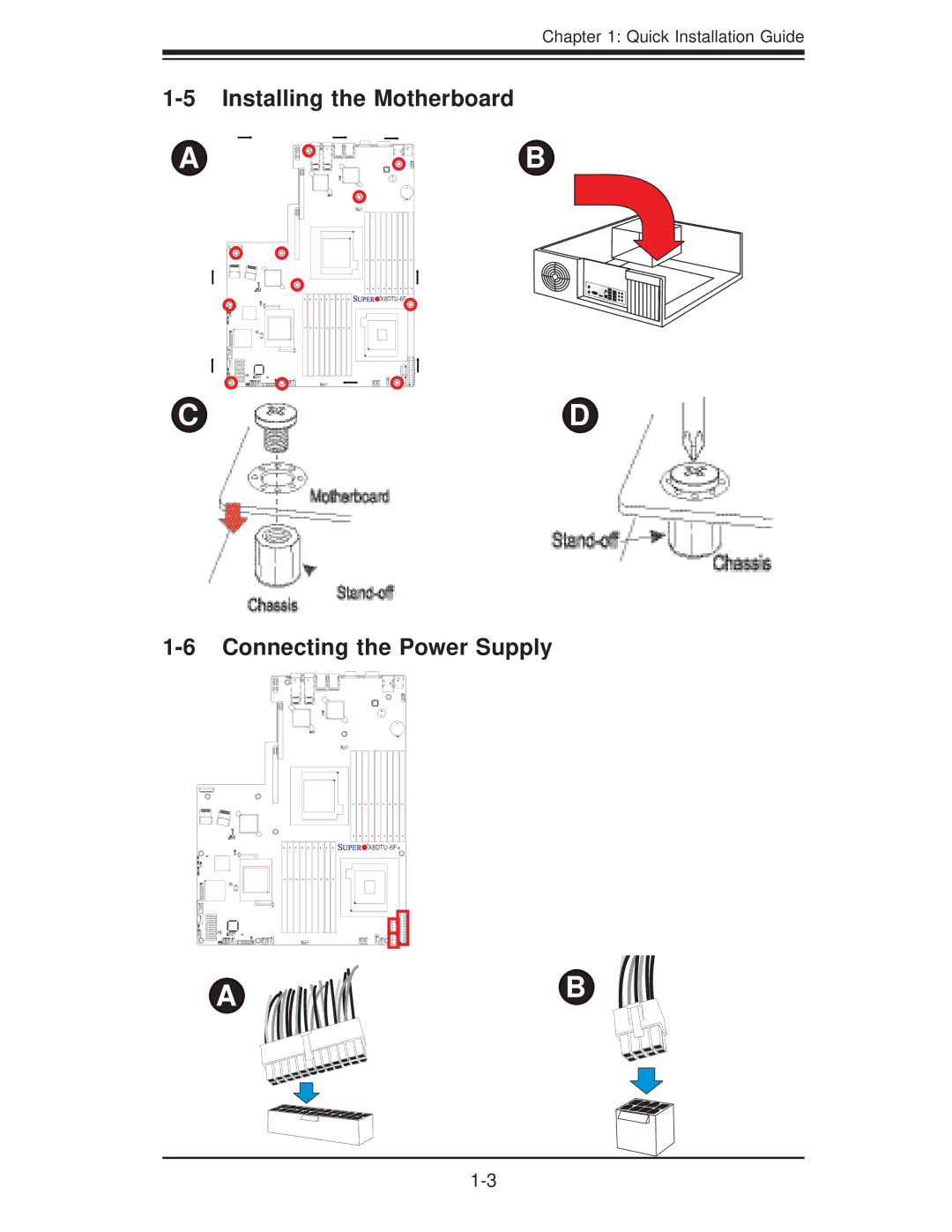 SUPER MICRO Computer X8DTU-6TF+-LR, X8DTU-6F+-LR manual Installing the Motherboard, Connecting the Power Supply 