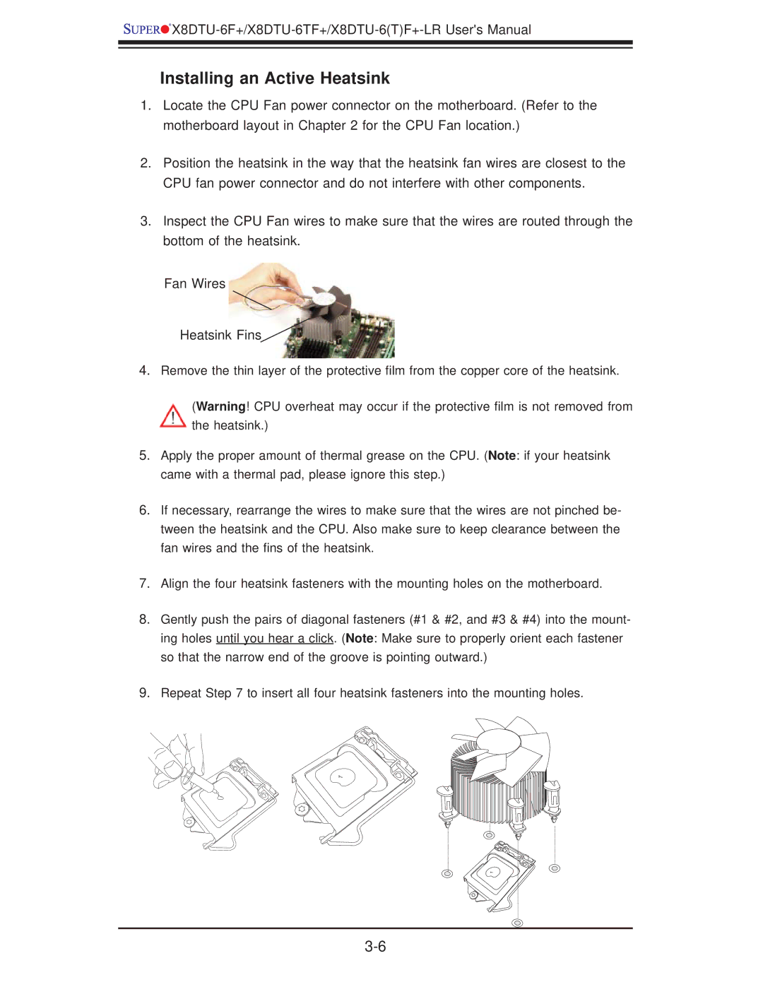 SUPER MICRO Computer X8DTU-6F+-LR, X8DTU-6TF+-LR manual Installing an Active Heatsink 