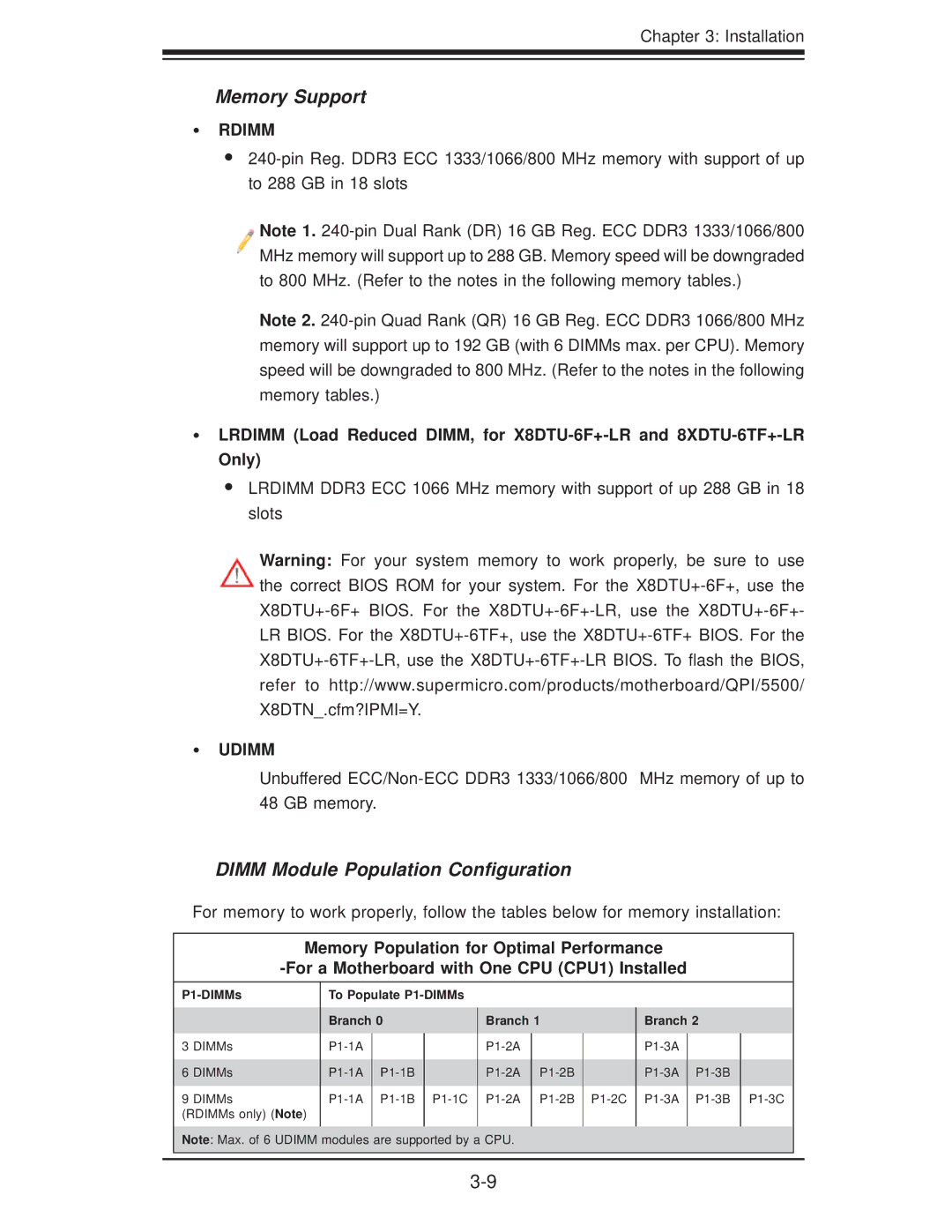 SUPER MICRO Computer X8DTU-6TF+-LR, X8DTU-6F+-LR manual Memory Support, P1-DIMMs To Populate P1-DIMMs Branch 