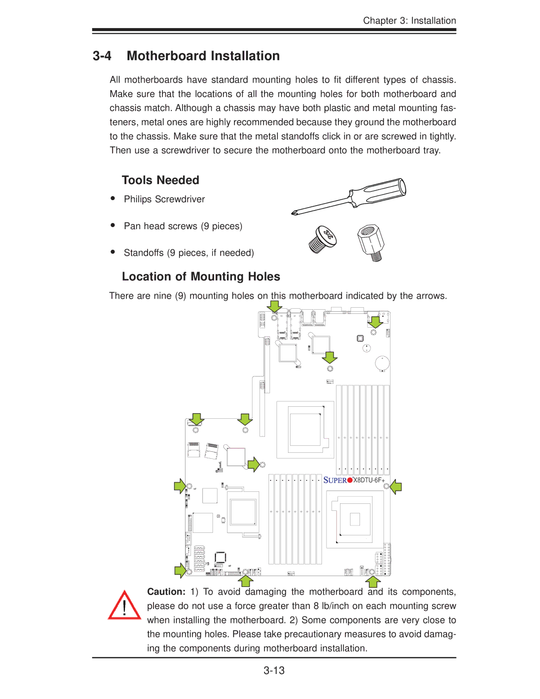 SUPER MICRO Computer X8DTU-6TF+-LR, X8DTU-6F+ manual Motherboard Installation, Tools Needed, Location of Mounting Holes 