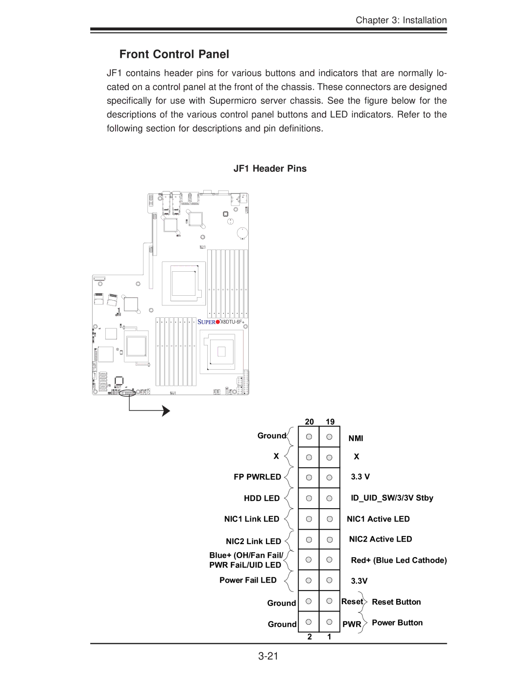 SUPER MICRO Computer X8DTU-6TF+-LR, X8DTU-6F+-LR manual Front Control Panel, JF1 Header Pins 