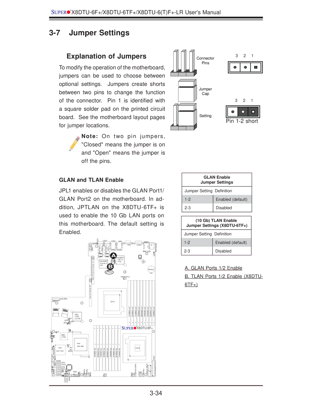 SUPER MICRO Computer X8DTU-6TF+, X8DTU-6F+-LR manual Jumper Settings, Explanation of Jumpers, Glan and Tlan Enable 