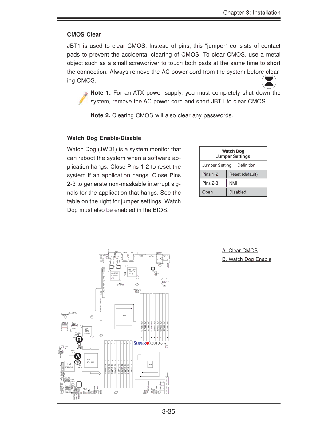 SUPER MICRO Computer X8DTU-6TF+, X8DTU-6F+-LR manual Cmos Clear, Watch Dog Enable/Disable, Clear Cmos Watch Dog Enable 