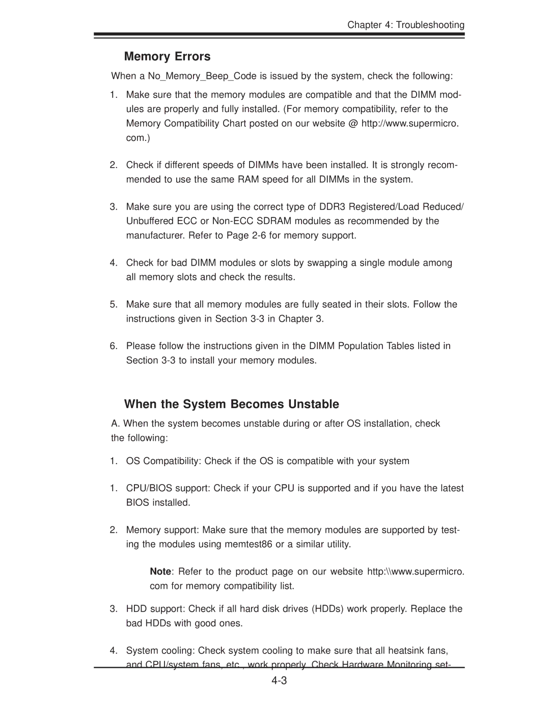 SUPER MICRO Computer X8DTU-6TF+-LR, X8DTU-6F+-LR manual Memory Errors, When the System Becomes Unstable 