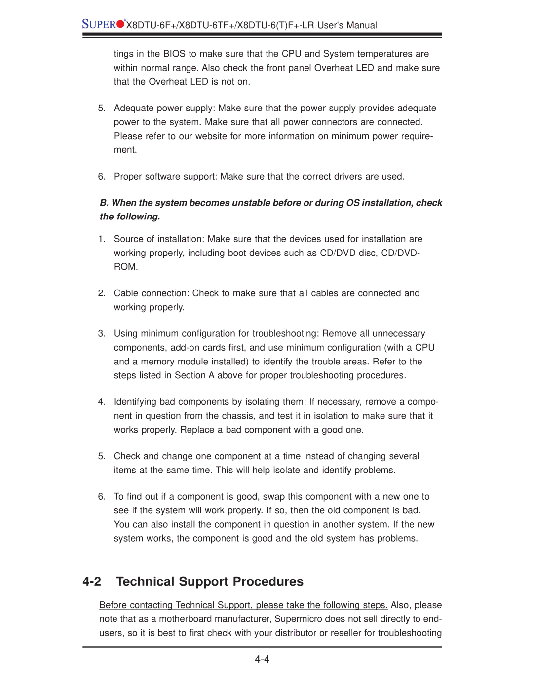 SUPER MICRO Computer X8DTU-6F+-LR, X8DTU-6TF+-LR manual Technical Support Procedures 