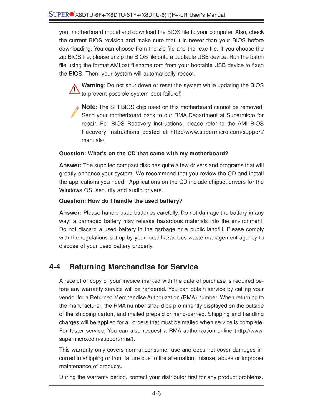 SUPER MICRO Computer X8DTU-6F+-LR manual Returning Merchandise for Service, Question How do I handle the used battery? 