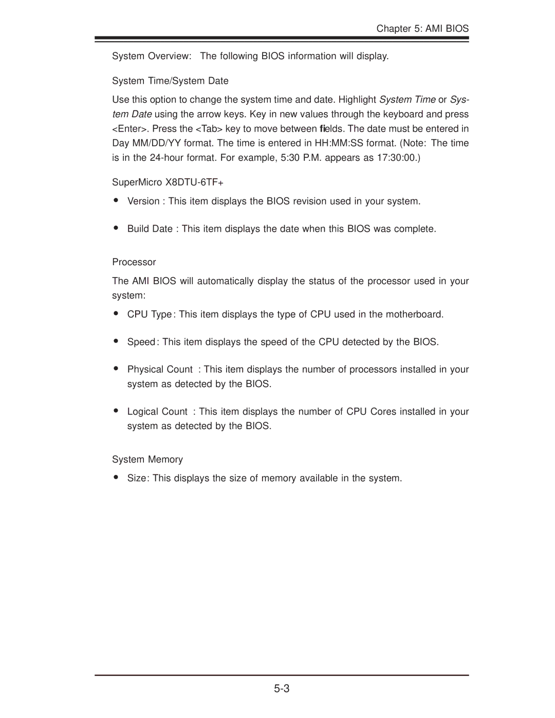 SUPER MICRO Computer X8DTU-6F+-LR manual System Time/System Date, SuperMicro X8DTU-6TF+, Processor, System Memory 